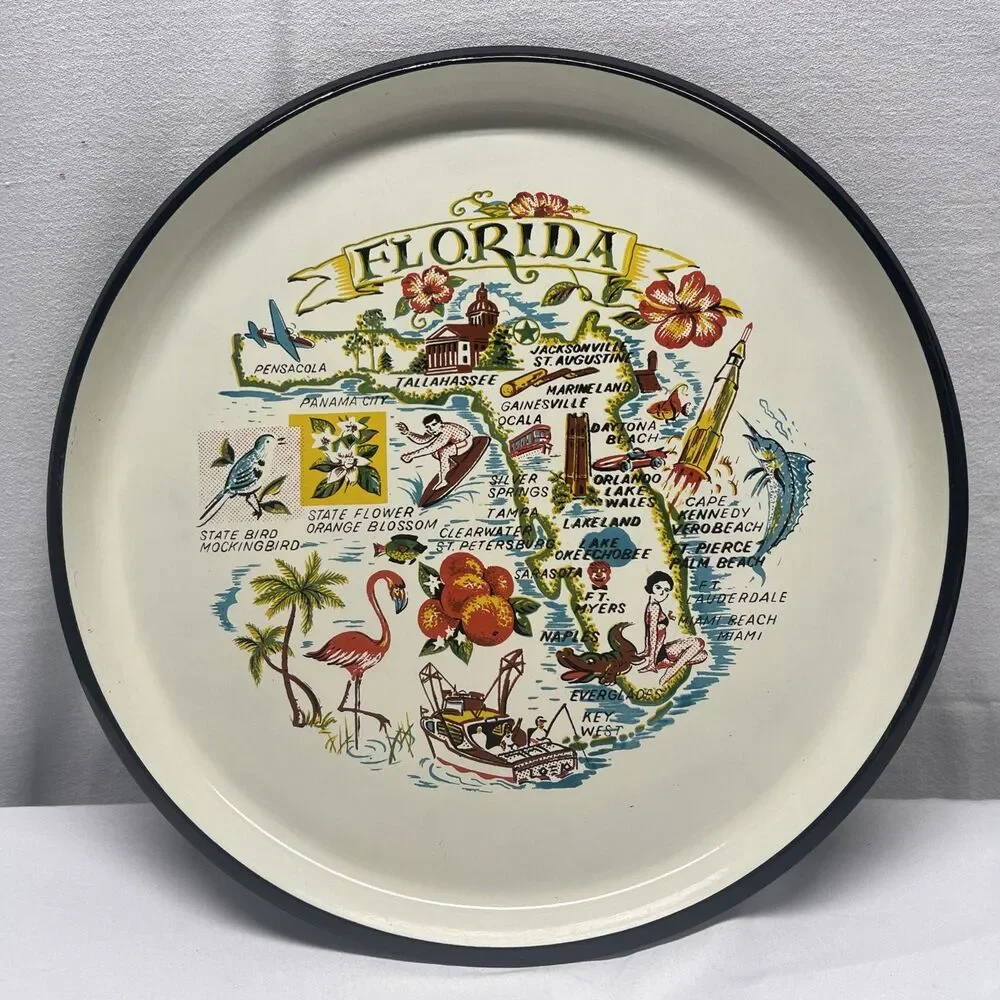 Large Hard Plastic Souvenir Florida Tray Map State Tourist 13